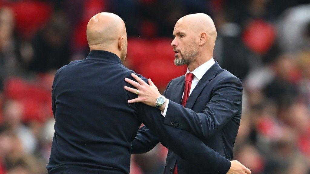 Arne Slot and Erik ten Hag after Liverpool's 3-0 win at Man Utd